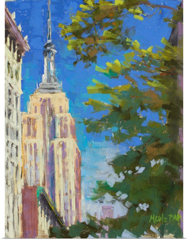 A contemporary painting of the Empire States Building with a tree in the foreground.