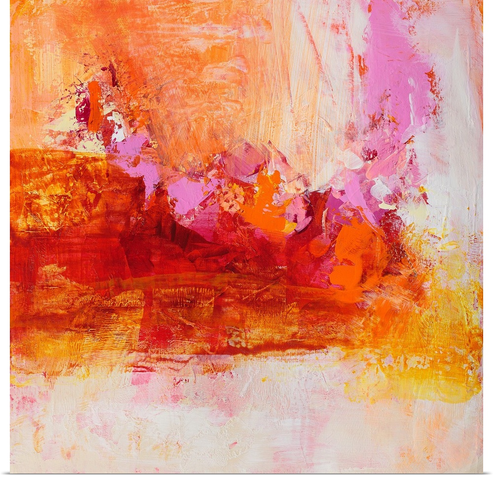 A square abstract painting of textured brush strokes in color tones of yellow, red, orange and pink.