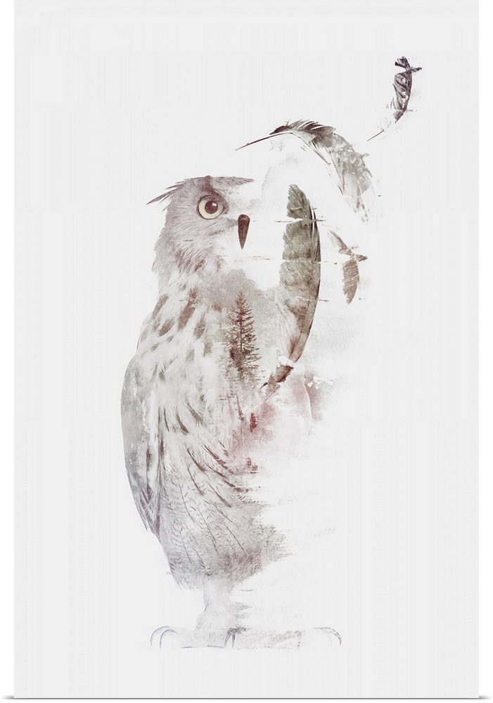 Double exposure artwork featuring a poised owl and forest scene.