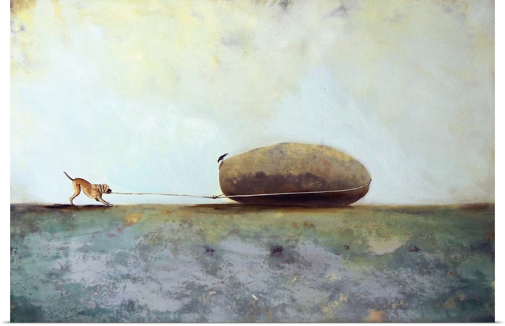 Contemporary surrealist painting of a dog trying to pull a boulder with a rope.