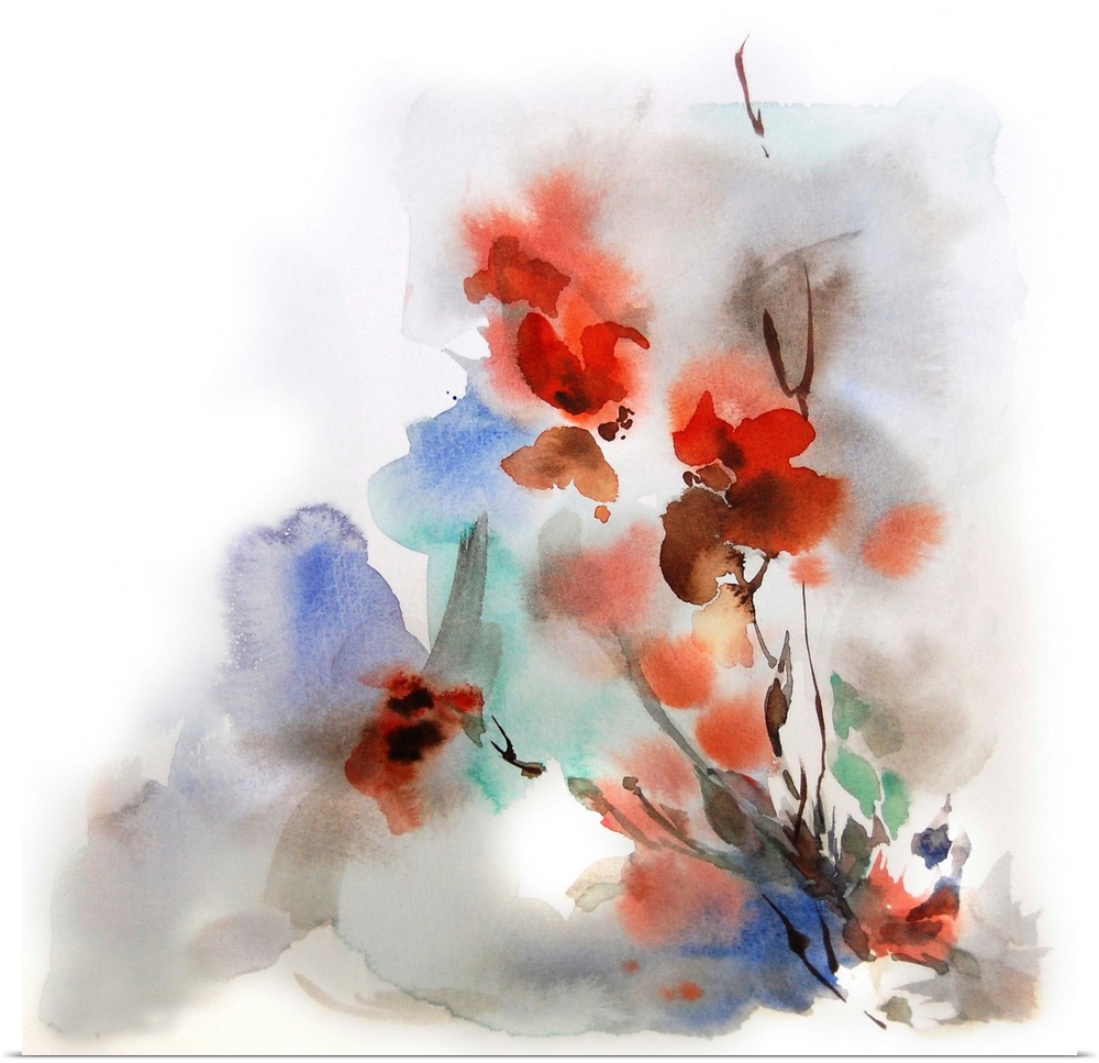 A contemporary watercolor painting of flowers against a white background.