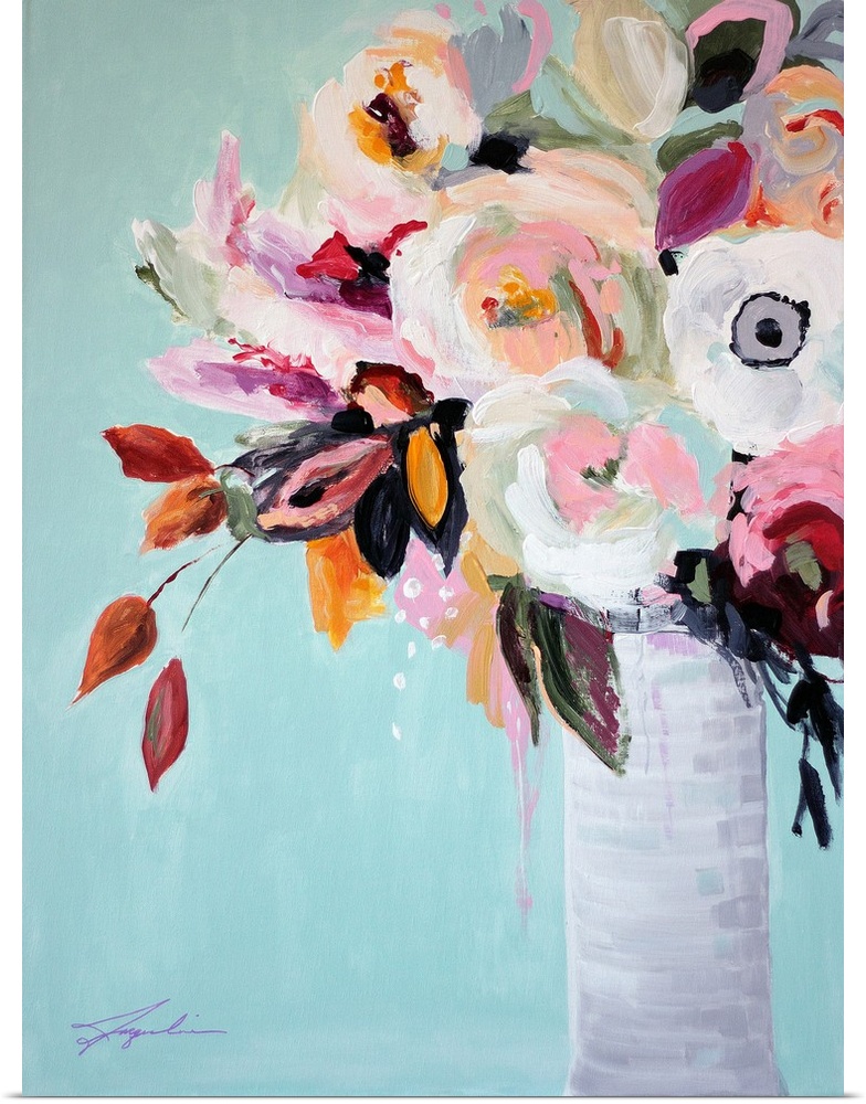A contemporary painting of a vase of flowers in pastel colors.