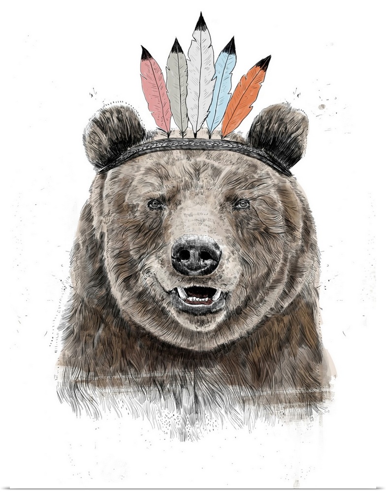 Digital illustration of a bear wearing a feathered headdress.