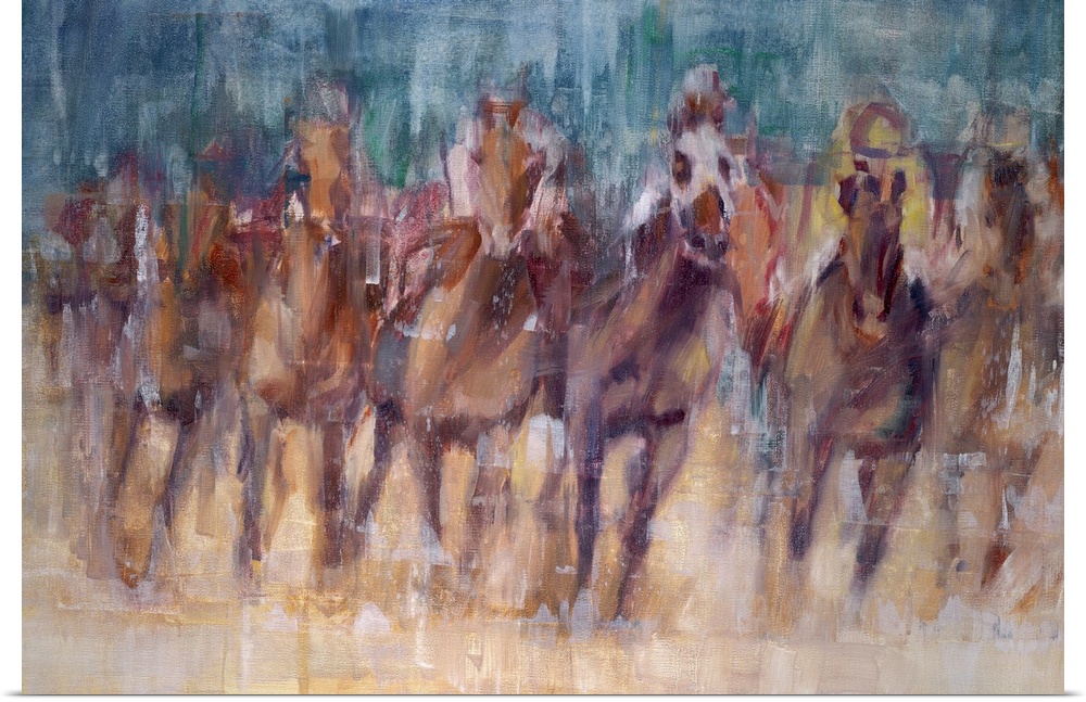 A contemporary painting of a horse race, with the impression of the horses advancing toward you.