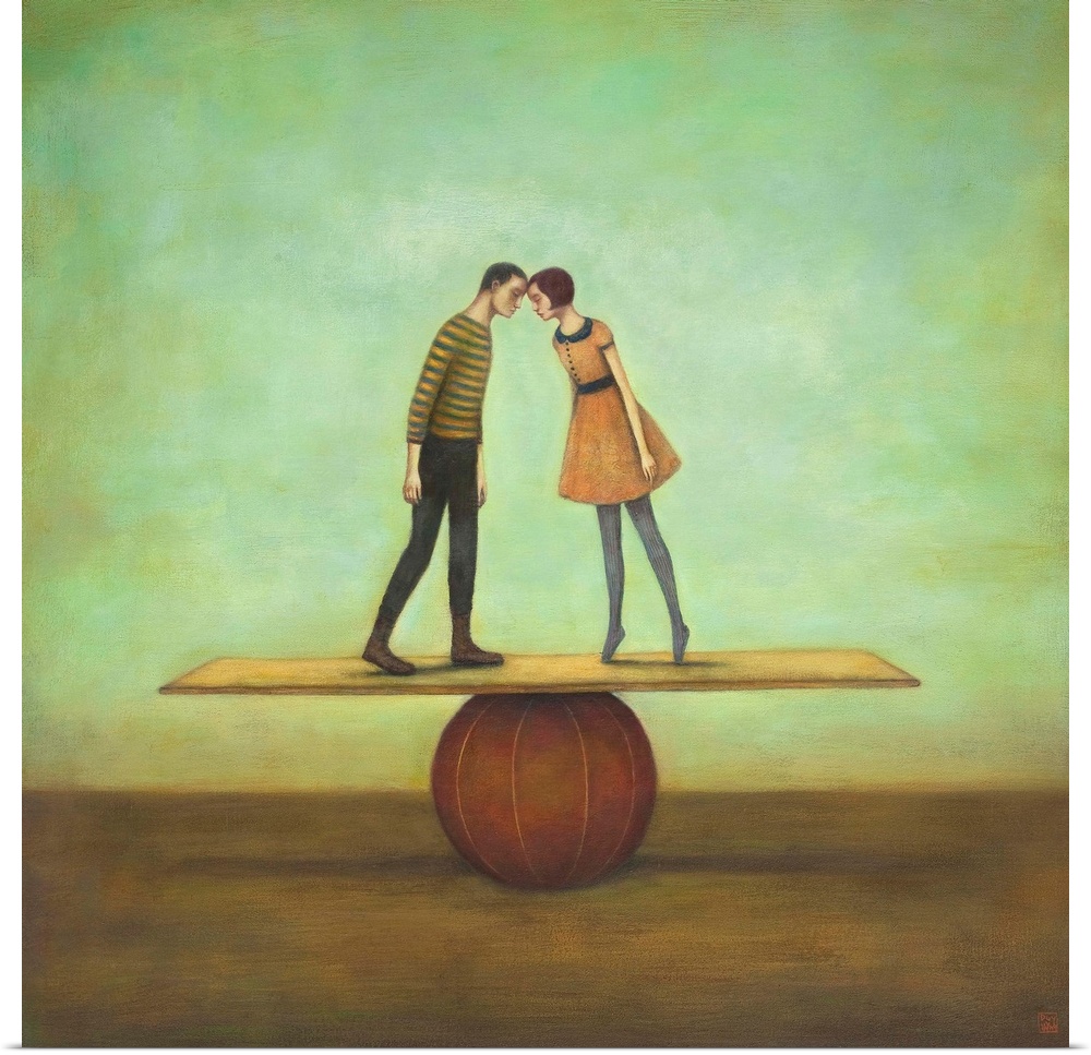 Contemporary surreal artwork of a woman and man kissing on a plank balancing on a red ball.