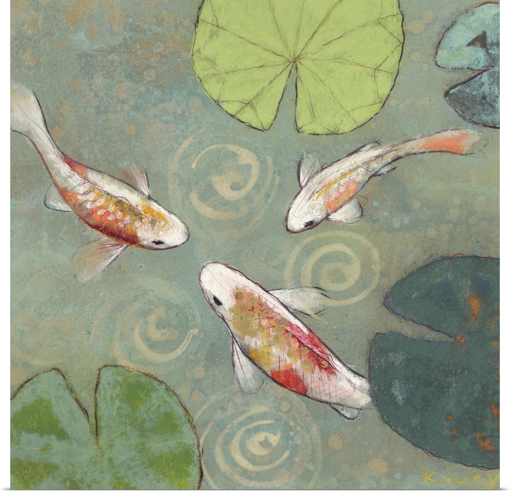 Contemporary painting of white and orange koi swimming amid lily pads in a shallow pond.