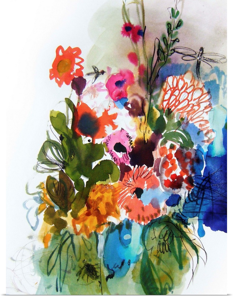 A contemporary watercolor painting of a bouquet of flowers.