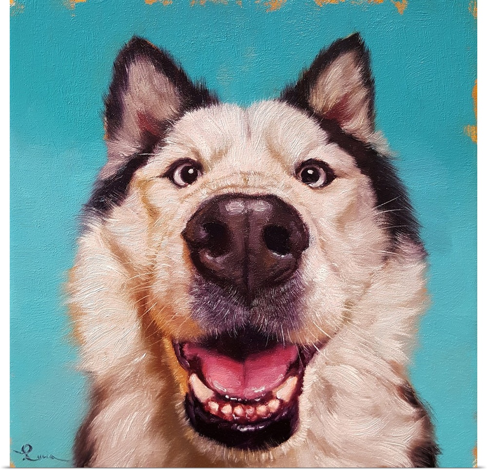 A contemporary painting of a Siberian Husky against a blue backdrop.