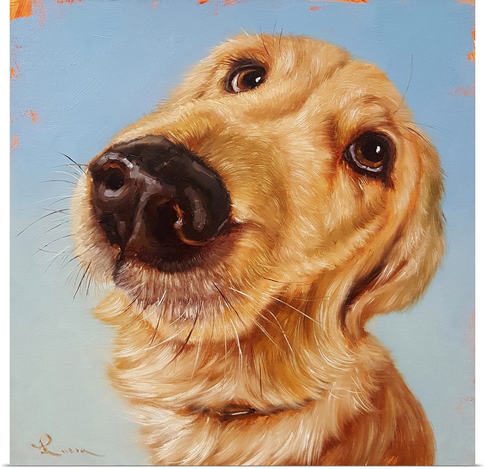 A contemporary painting of a yellow labrador against a blue backdrop.
