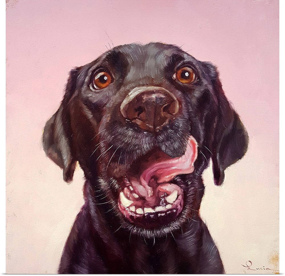 A contemporary painting of a black labrador against a pink backdrop.