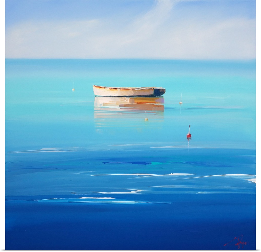 Contemporary painting of a lone boat in the deep blue ocean.