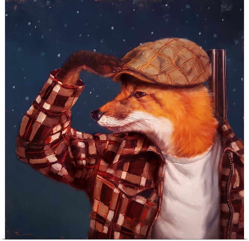 A contemporary painting of a fox in a plaid outfit.