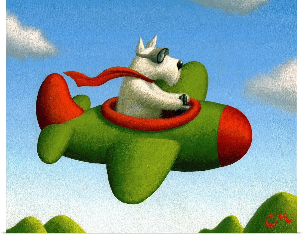 Painting of a dog wearing a scarf and flying an airplane.