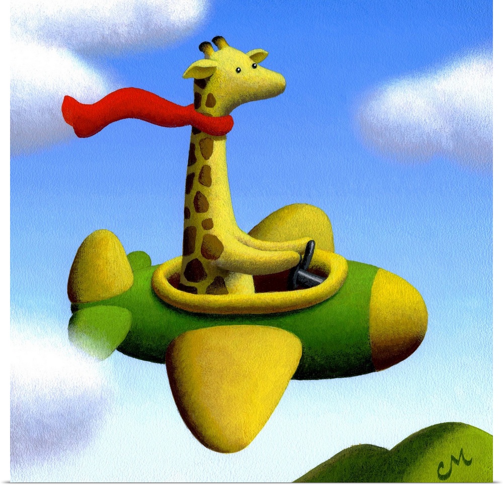 Painting of a giraffe wearing a scarf and flying an airplane.