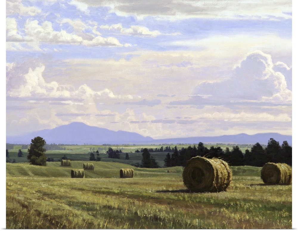 A contemporary landscape painting of freshly cut hay bails sitting in a countryside field.