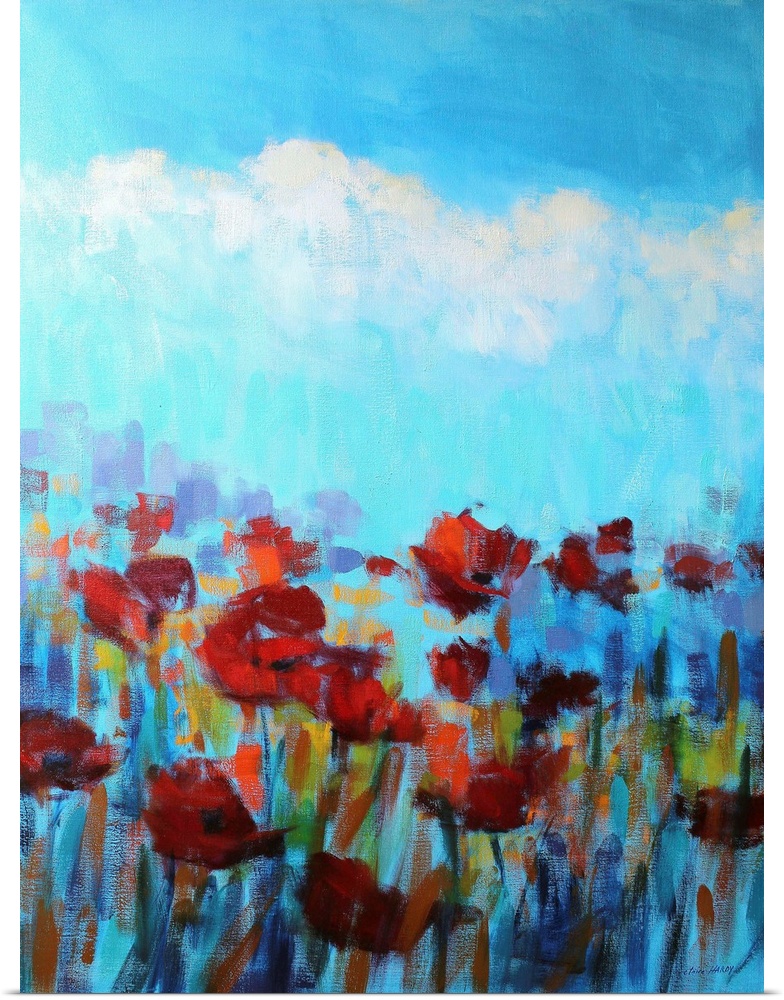 A colorful contemporary painting of a field of flowers.