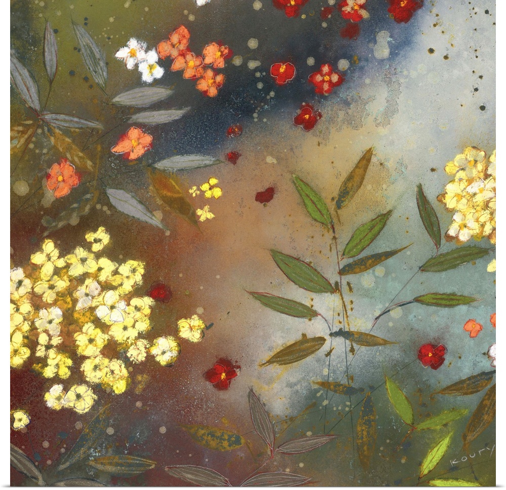 Contemporary painting of garden flowers in yellow red and orange.