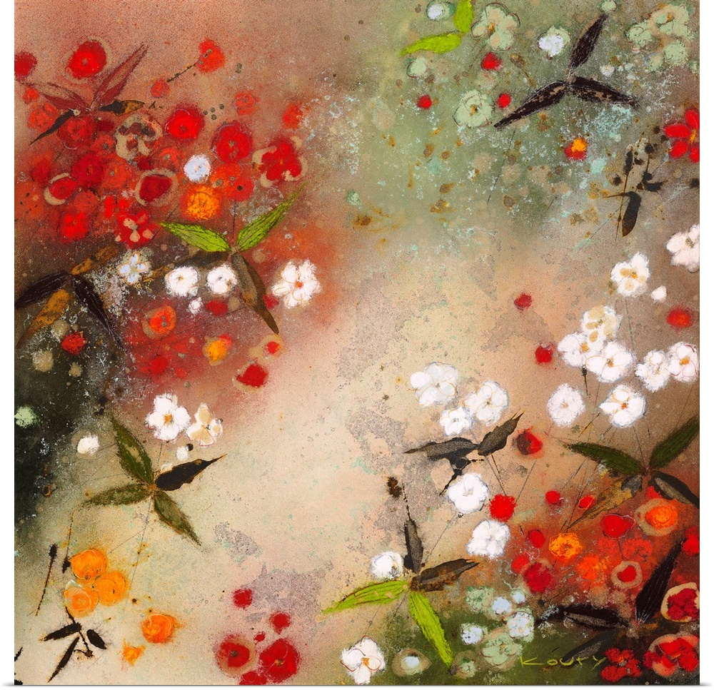 Contemporary painting of vibrant red flowers mixed with bright white flowers.