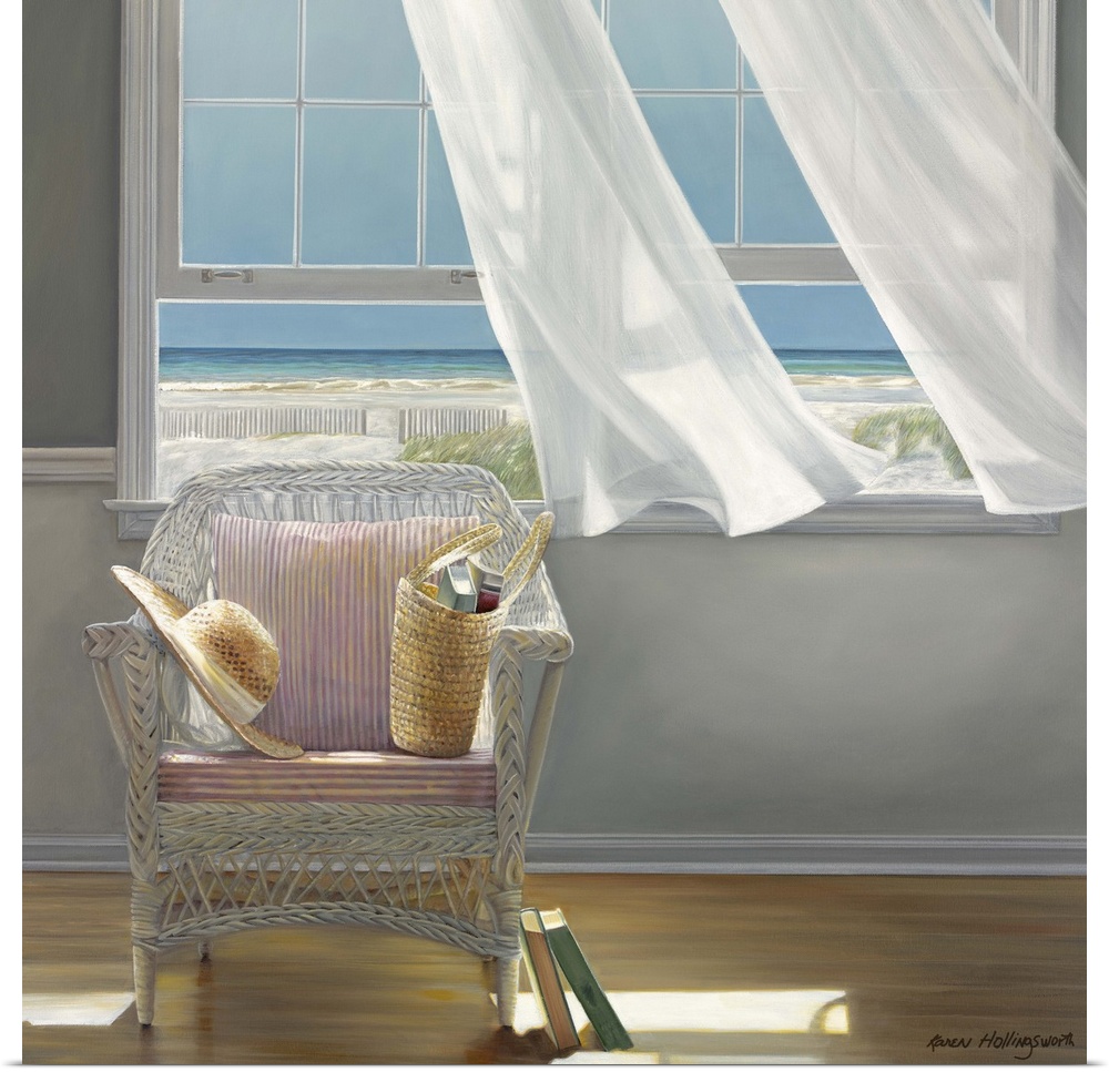 Contemporary painting of a chair sitting in a sunlit room, with an open window and drapes being blown in the wind.