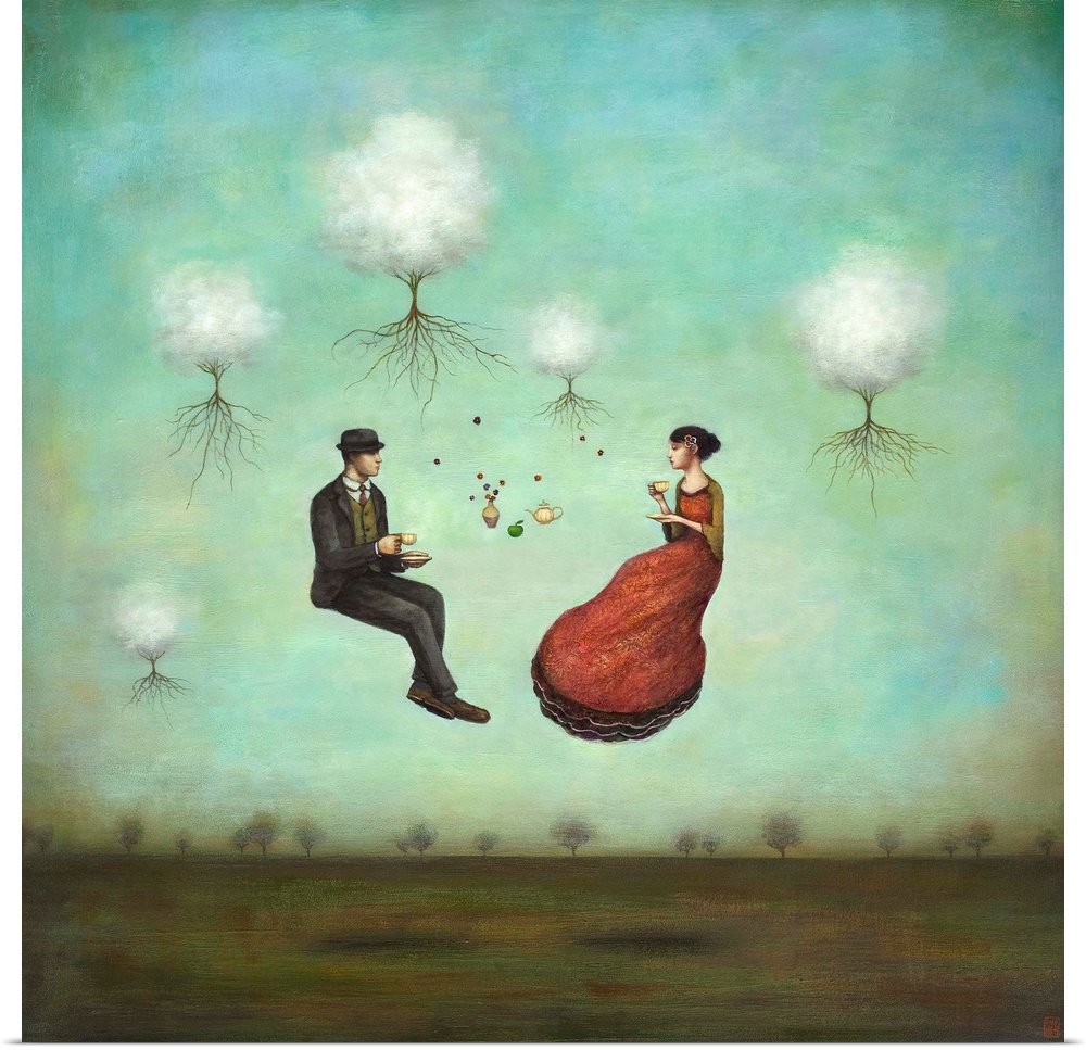 Contemporary surreal artwork of a woman and man having tea while floating in the air.