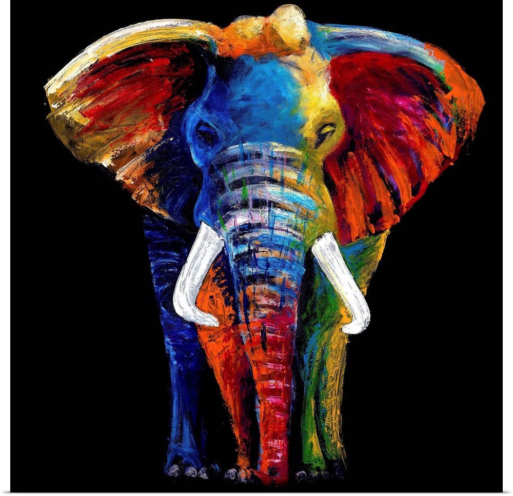 A contemporary painting of an elephant in multi-colored vibrant paints against a black backdrop.