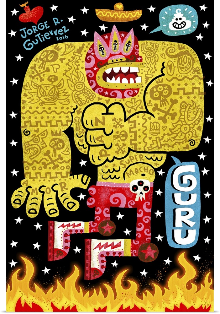 Latin art of a jumping luchador covered in tattoos.
