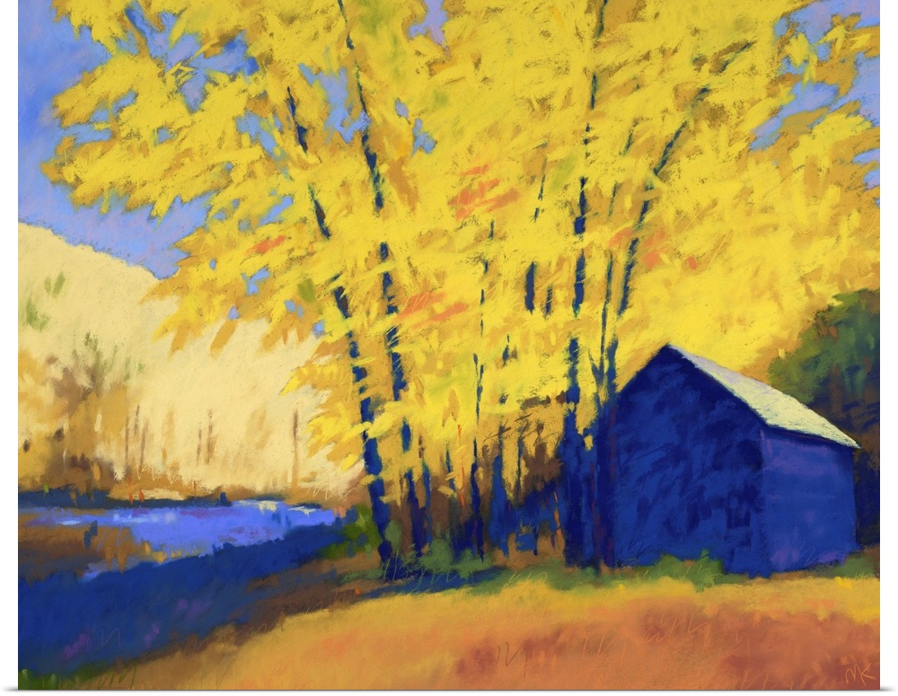 A contemporary painting of a building and trees with yellow leaves.