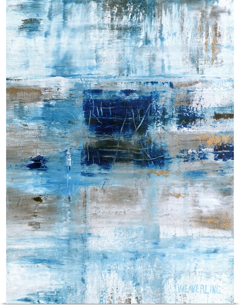 A contemporary abstract painting using distressed blue and gray tones.