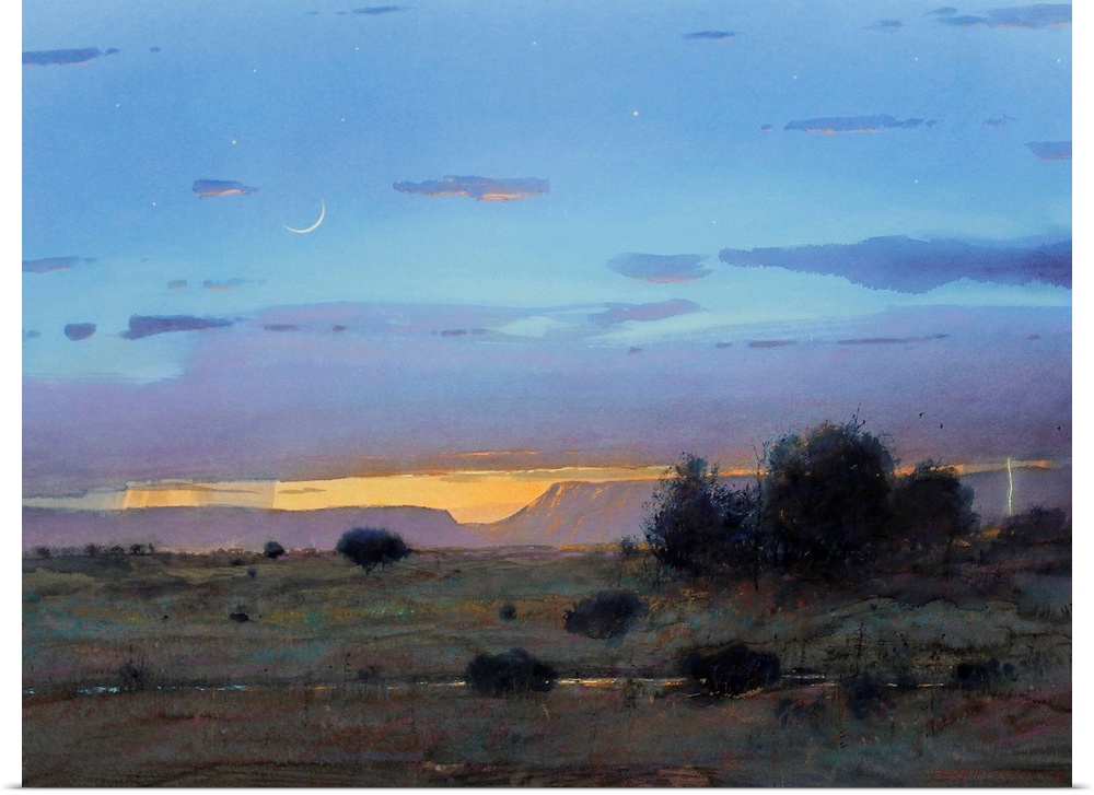 A contemporary painting of a southwestern landscape under a blue stormy sky.