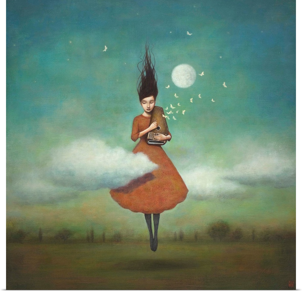 A contemporary surrealist paining of a woman with dark hair and pale red dress holding an instrument levitating off the gr...