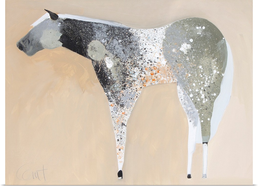 A contemporary painting of a gray horse against a neutral background.