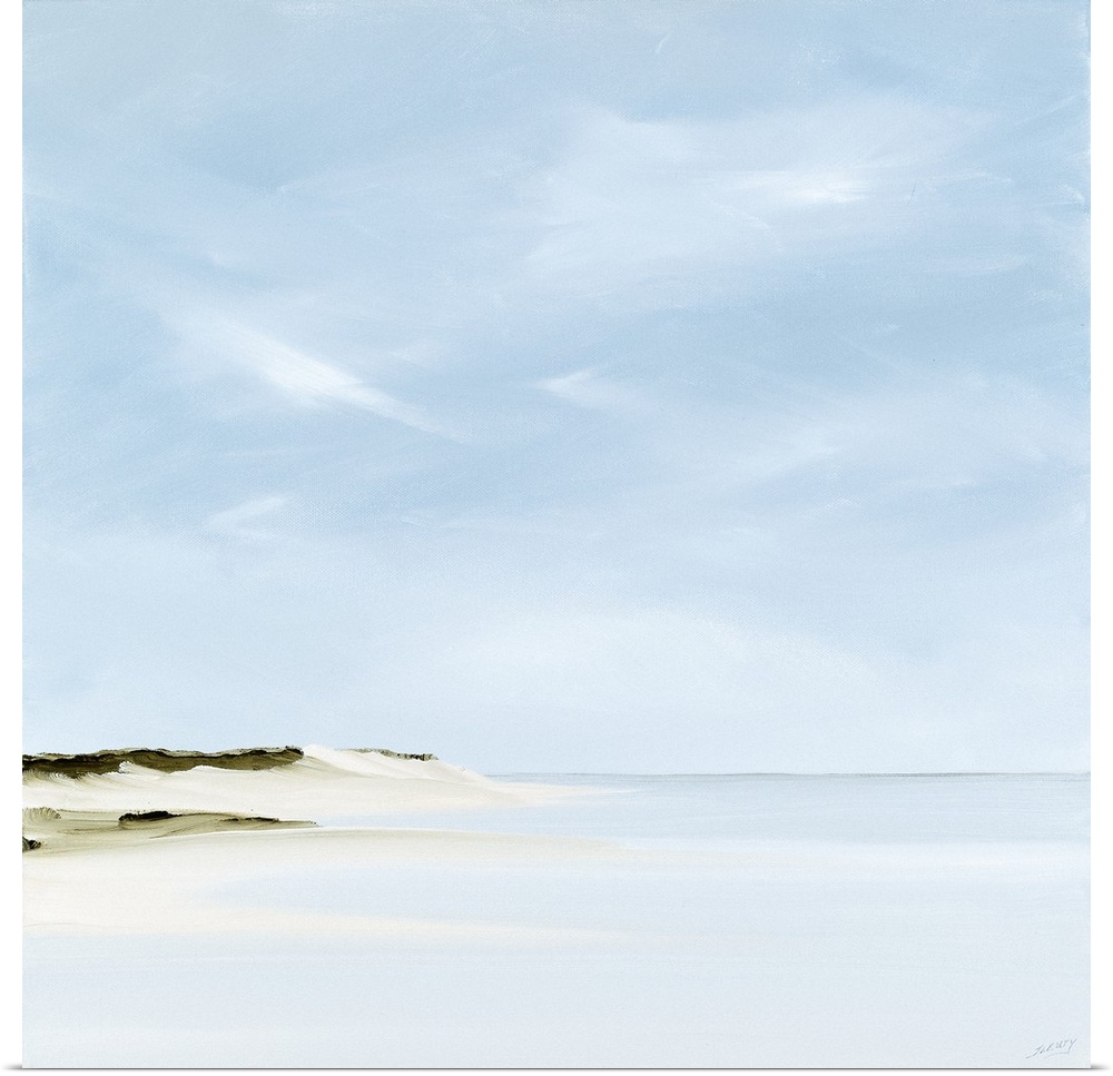 A contemporary painting of a calm beach scene.