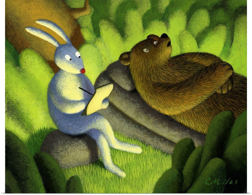 Humorous painting of a rabbit providing therapy to a bear.