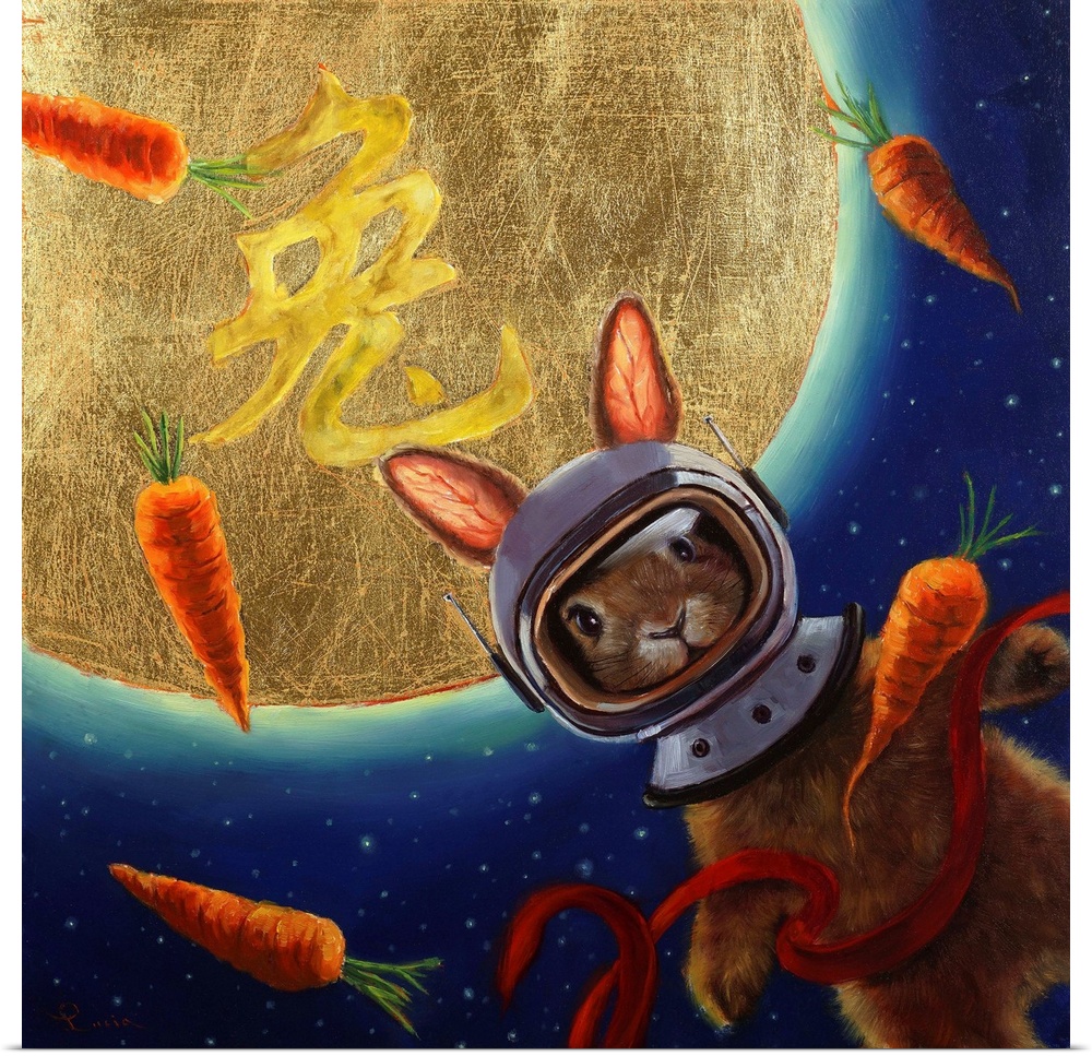 A painting of a rabbit with an astronaut helmet floating in space with carrots.