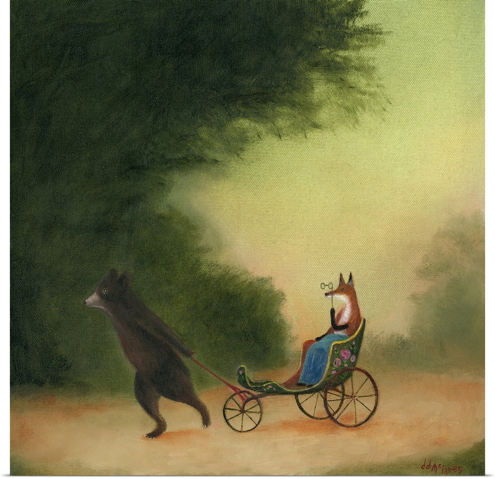 Whimsical artwork featuring a bear toting a lady fox in a wagon.