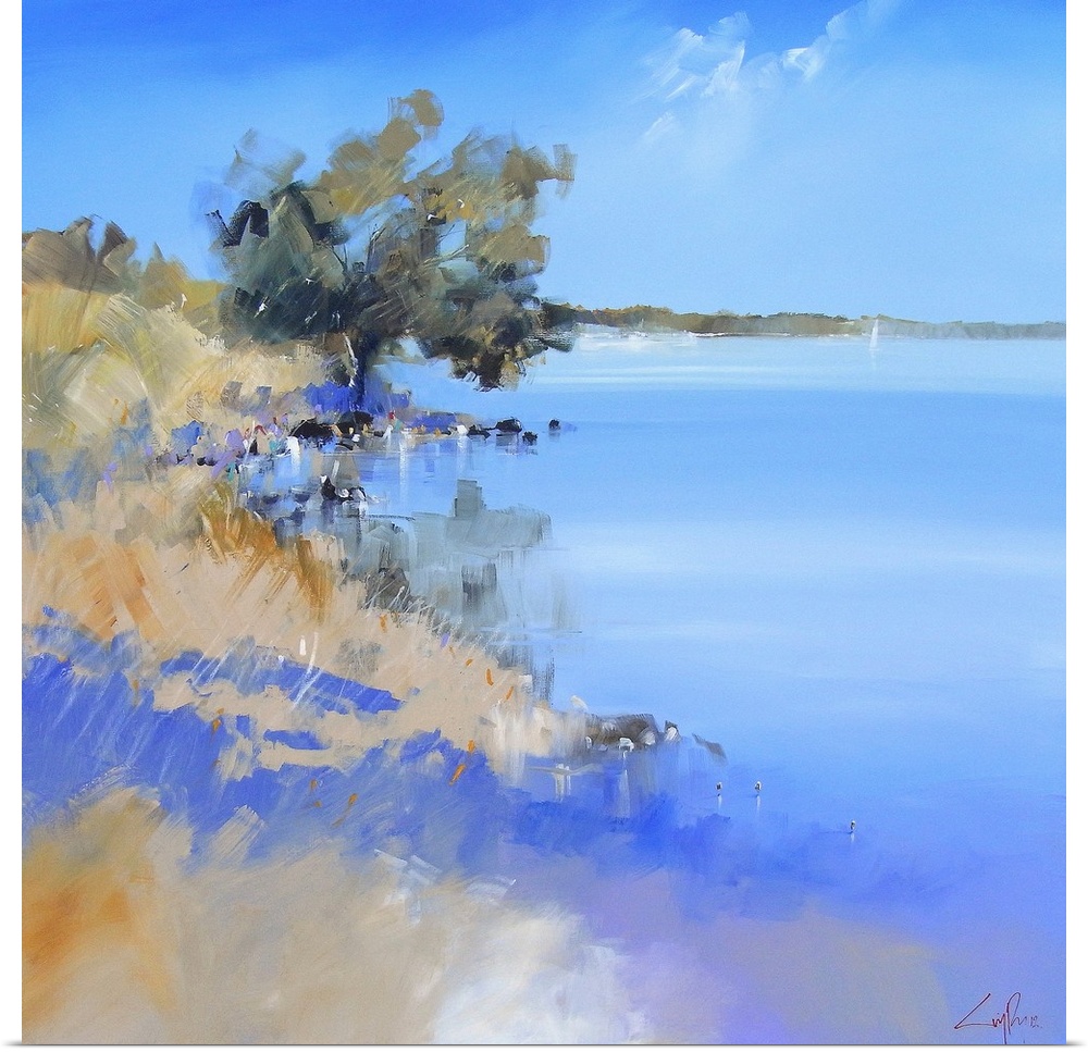 Contemporary painting of a lake shore with a tree growing near the edge.