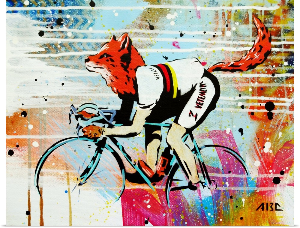 Colorful illustration of a fox on a racing bicycle.