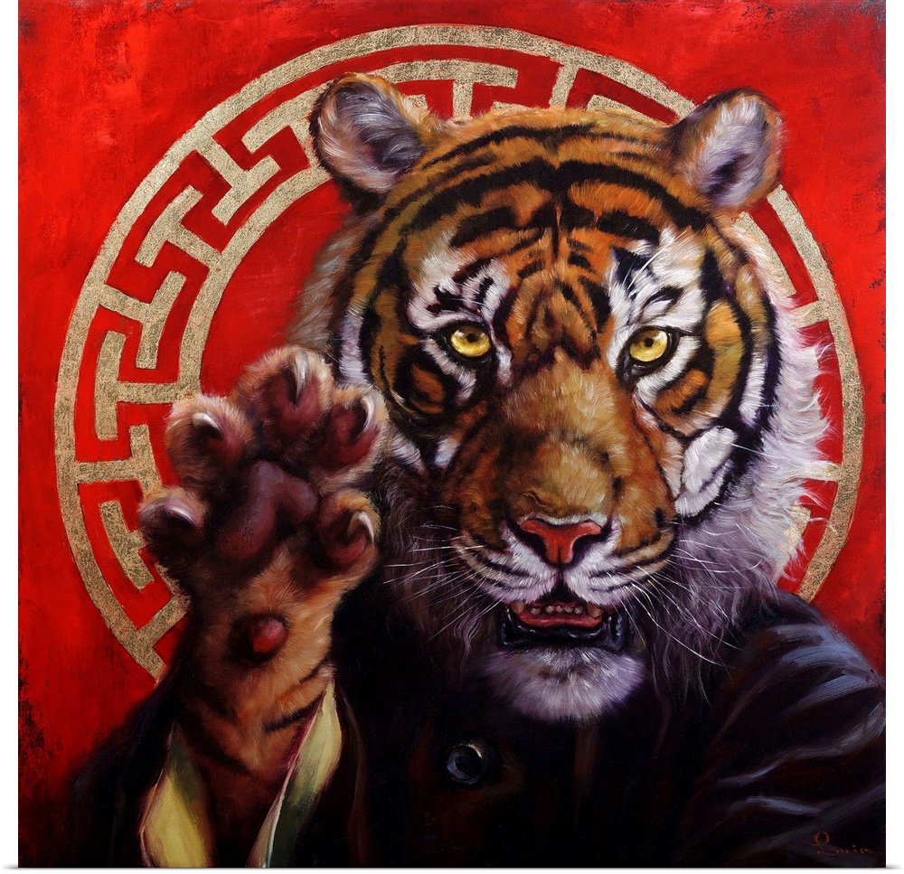 A painting of a tiger with his claw outstretched.