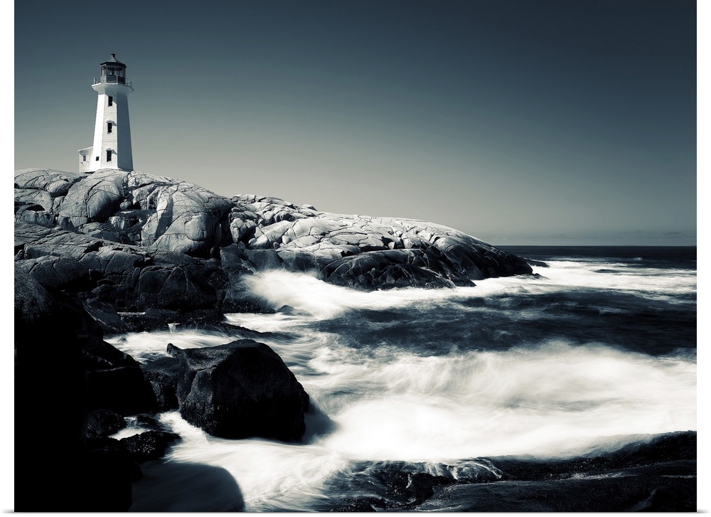 A black and white image of Peggy's Cove Lighthouse in Nova Scotia, Canada.
