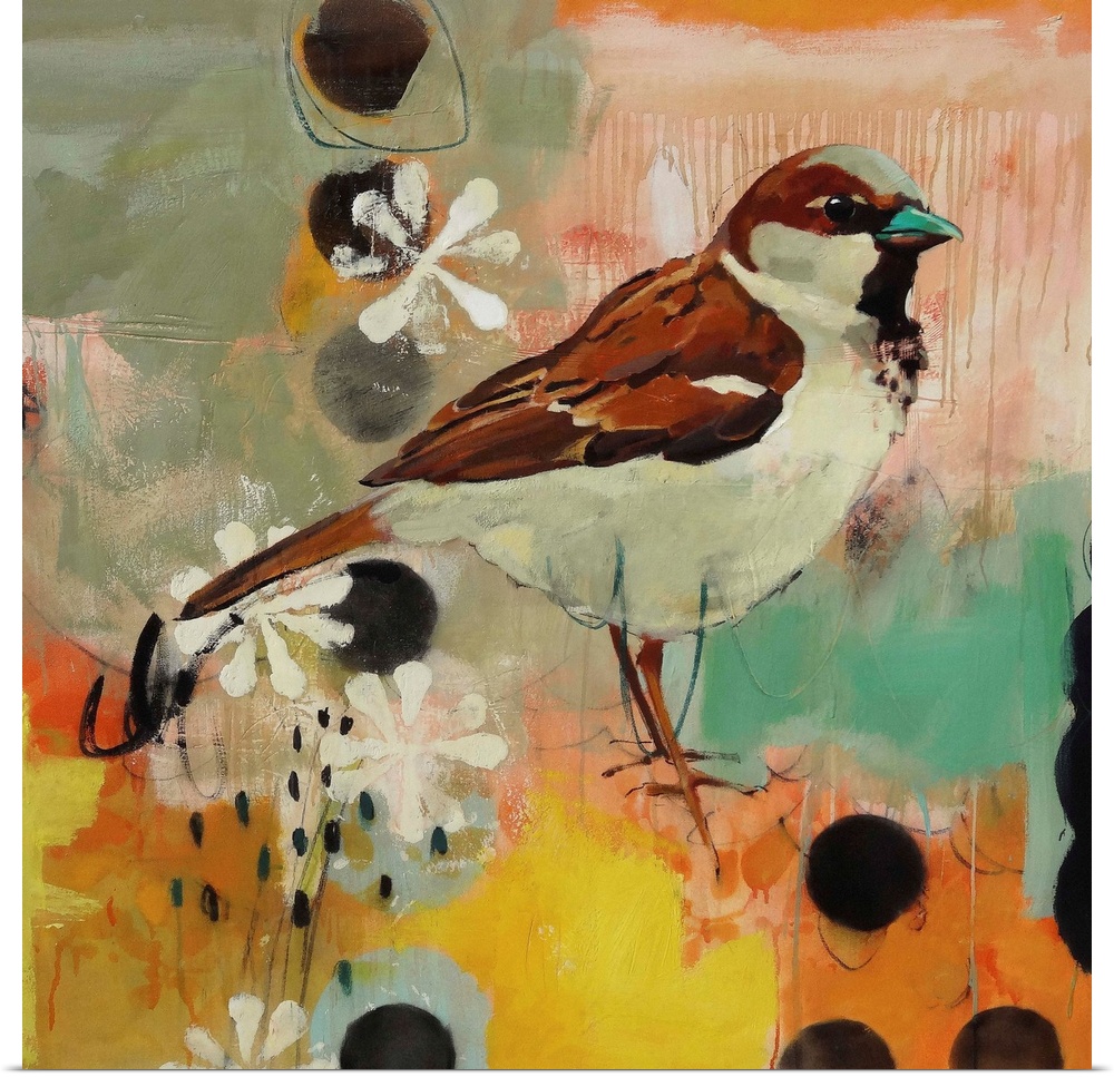 A contemporary painting of a brown and tan bird against a colorful abstract background.