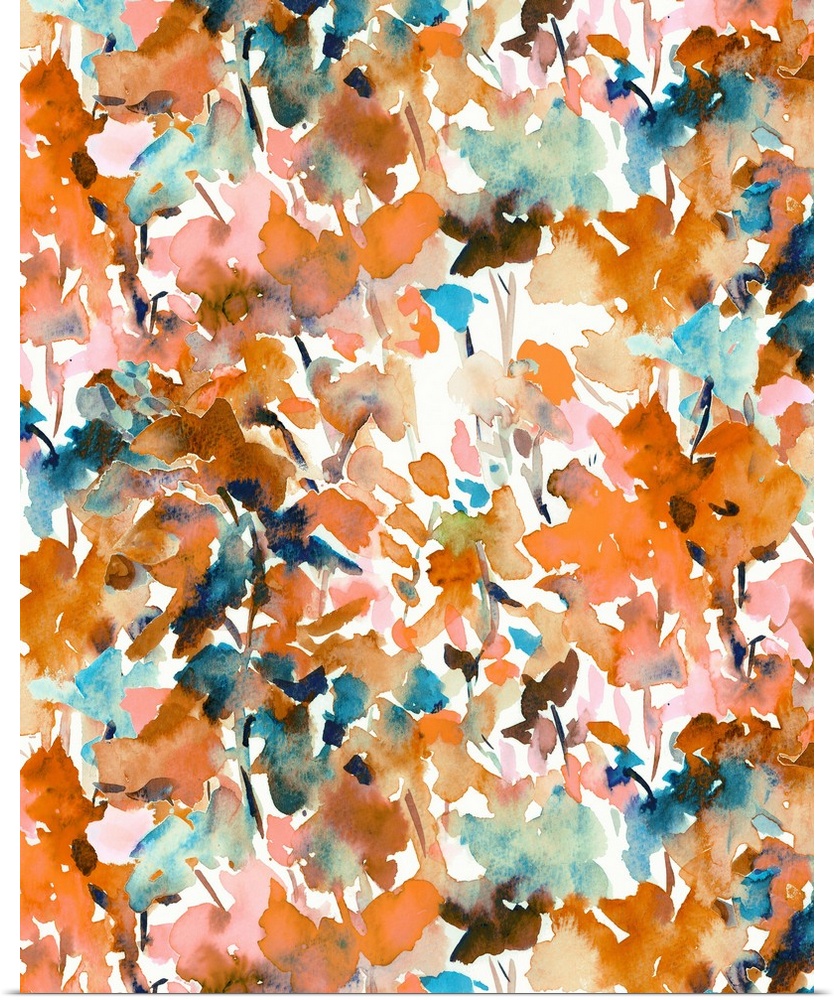 An abstract watercolor painting of branches of leaves in colors of orange and brown.