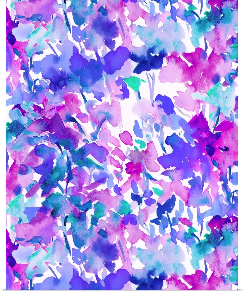 An abstract watercolor painting of branches of leaves in colors of blue and purple.