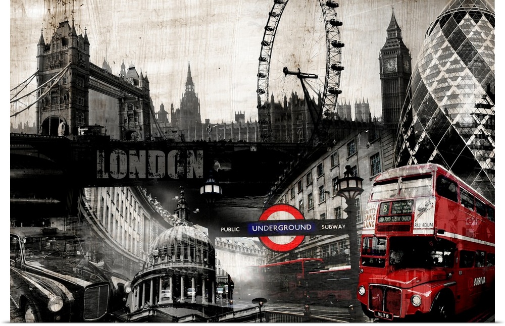 Image composite of landmarks in London, England, including the London Eye and the Tower of London.