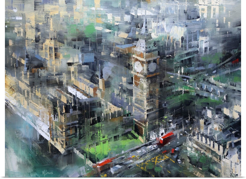 Contemporary painting of Big Ben and the Houses of Parliament in London, seen from above.