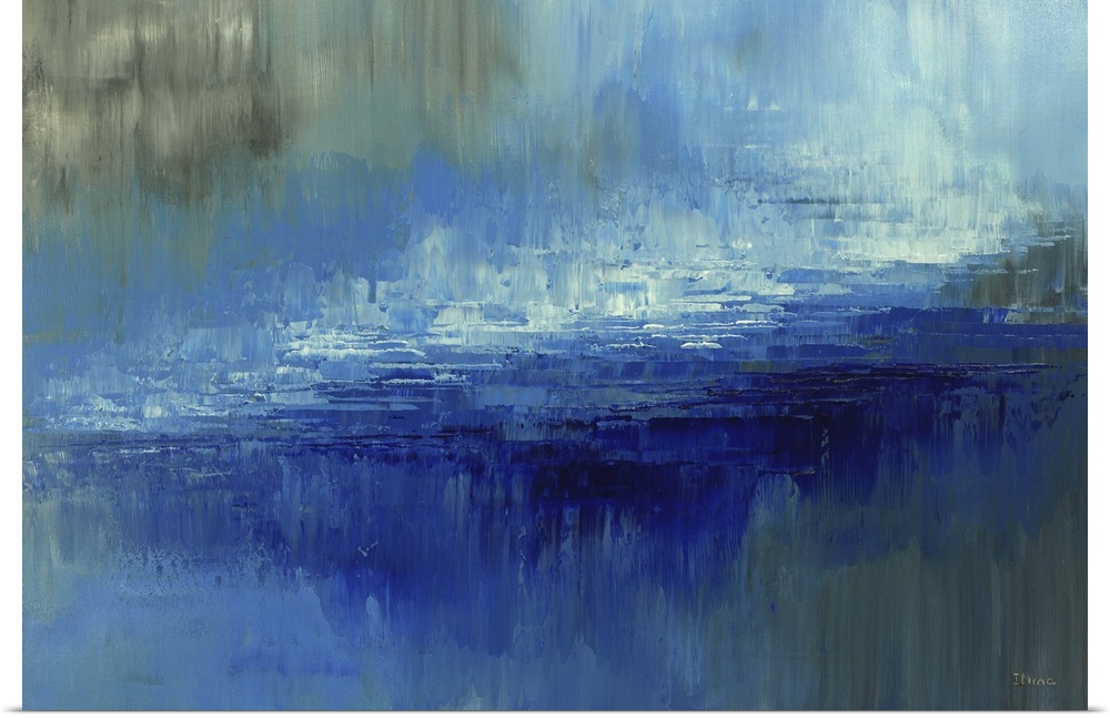 Contemporary abstract painting in tropical blue shades.