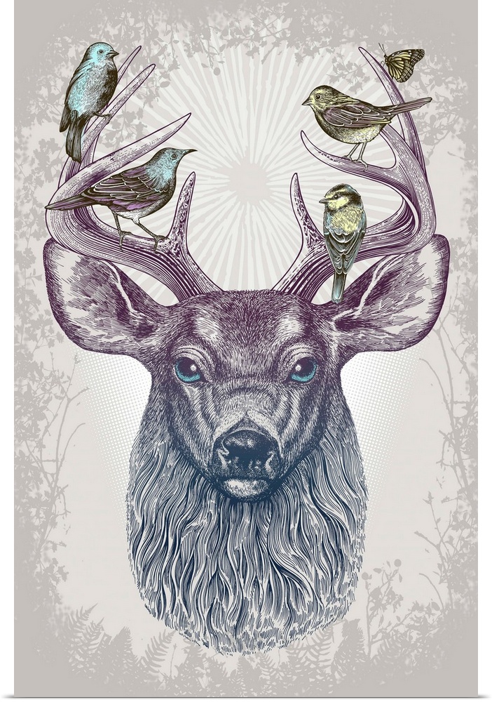 A digital illustration of a buck with birds sitting on his antlers.