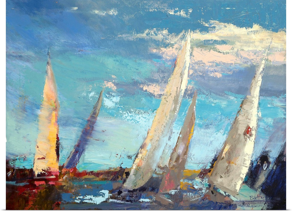 A contemporary coastal themed painting of sailboats sailing the open sea.