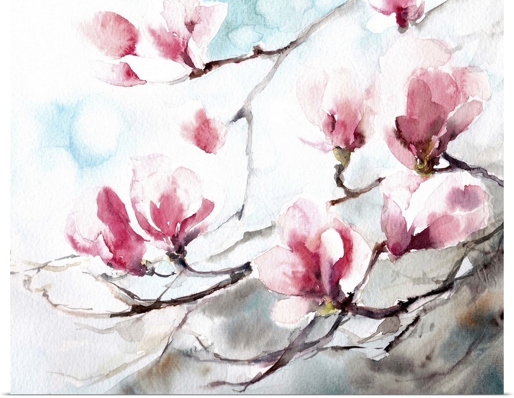 A contemporary watercolor painting of magnolia flowers.