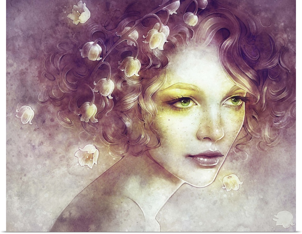 A contemporary fantastical painting of a woman's portrait with flowers dangling from her hair and golden yellow eye make-up.