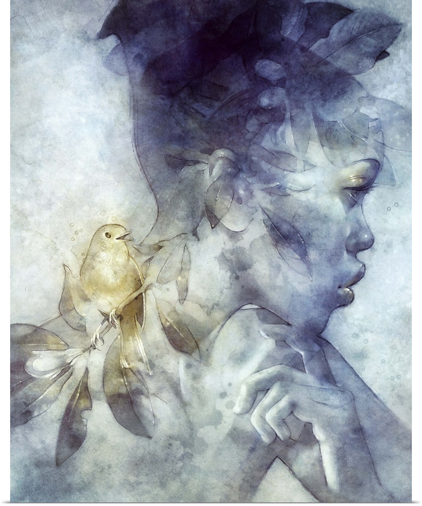 A contemporary fantastical painting of a woman in profile holding a golden flower.